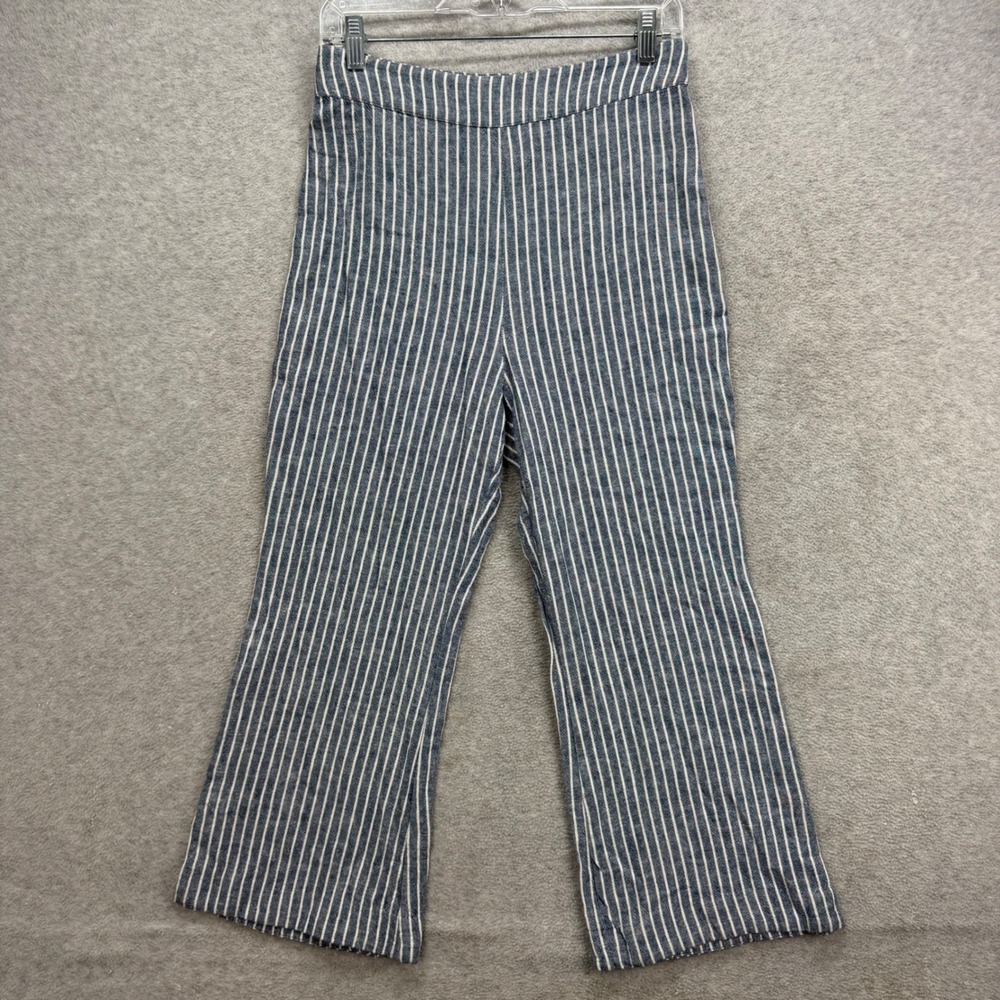 Free People Pants Women 2 Blue White Striped Linen Blend Wide Leg High Rise Crop